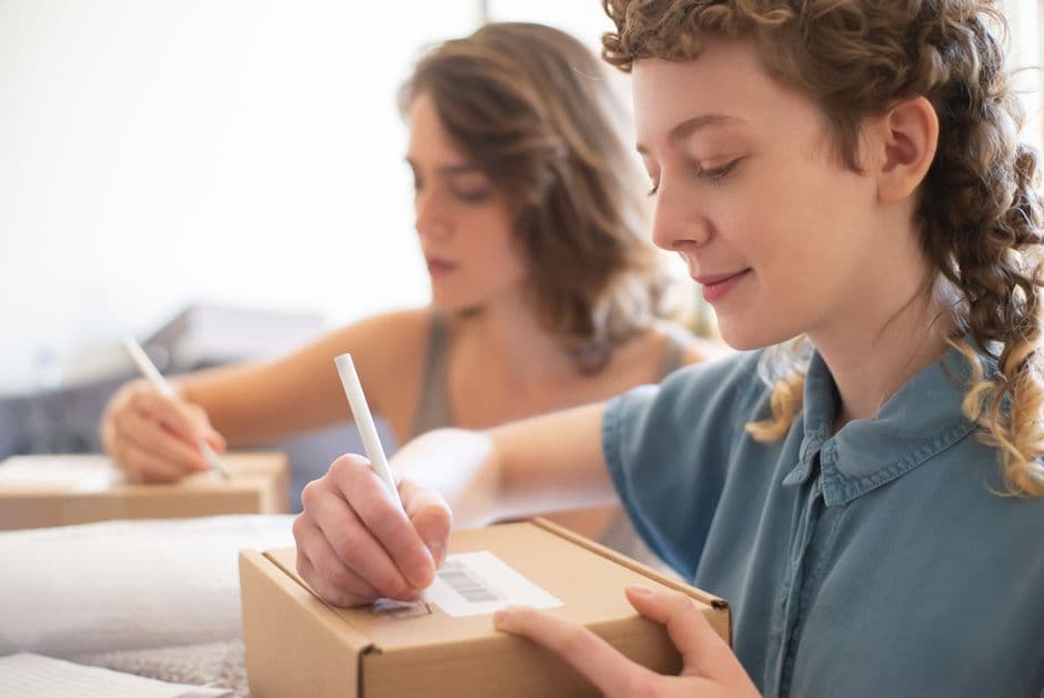 A small business owner writing shipping details on a cardboard parcel